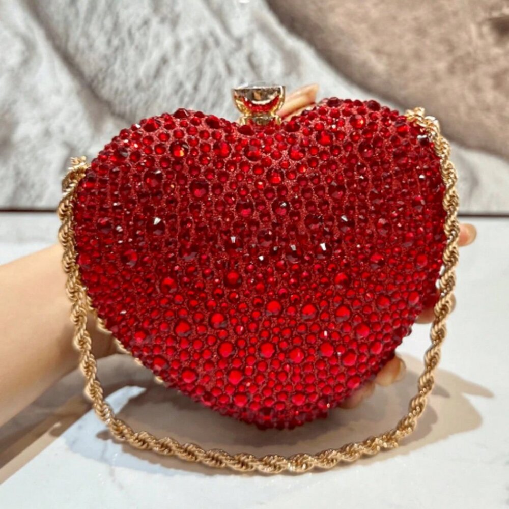 Ruby Red Heart Shape Rhinestone Evening Handbag N… - image 1